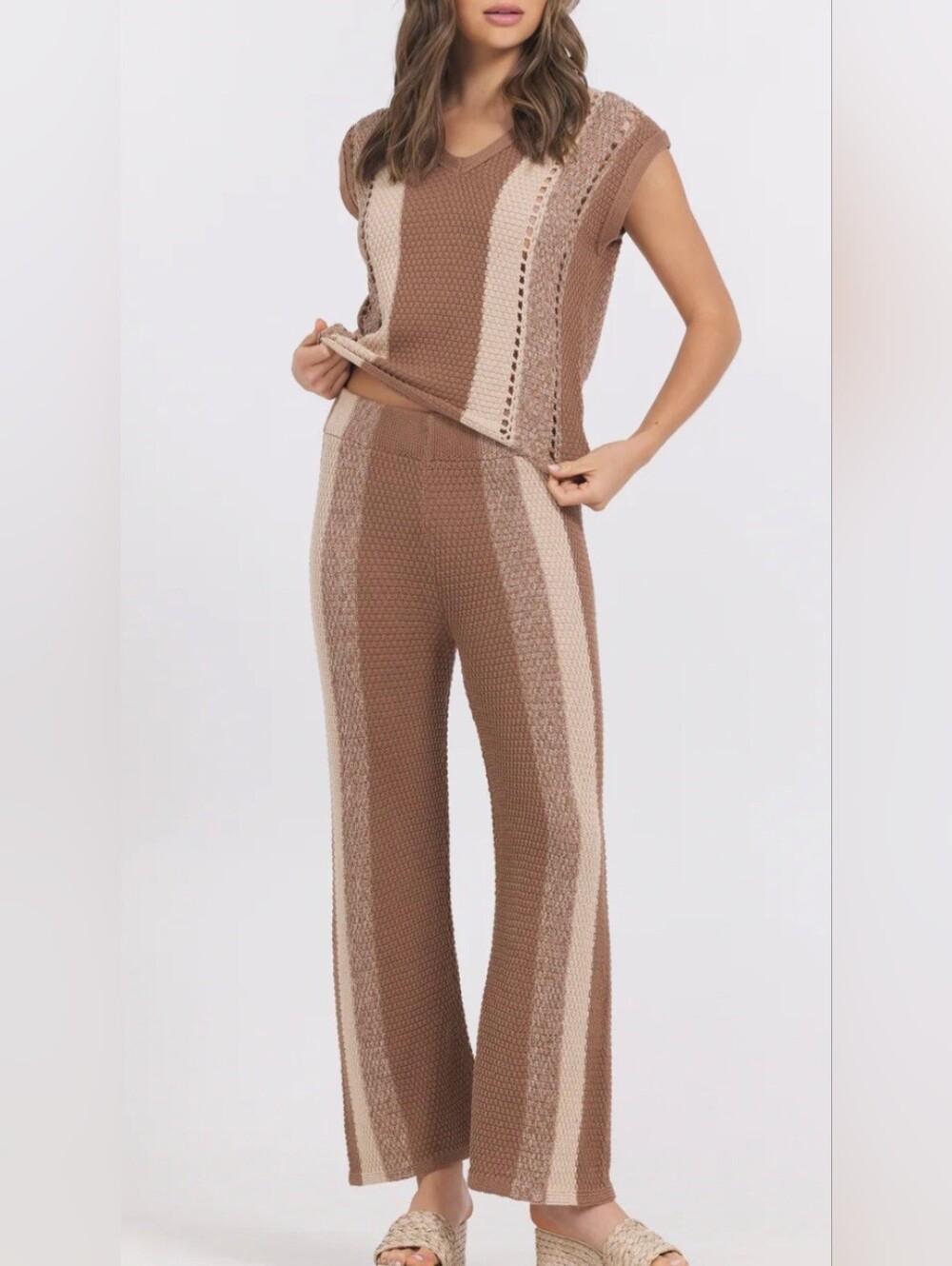 Vintage Havana Knit Crochet Top Vest + Pants 2-PC Set Striped S NWT